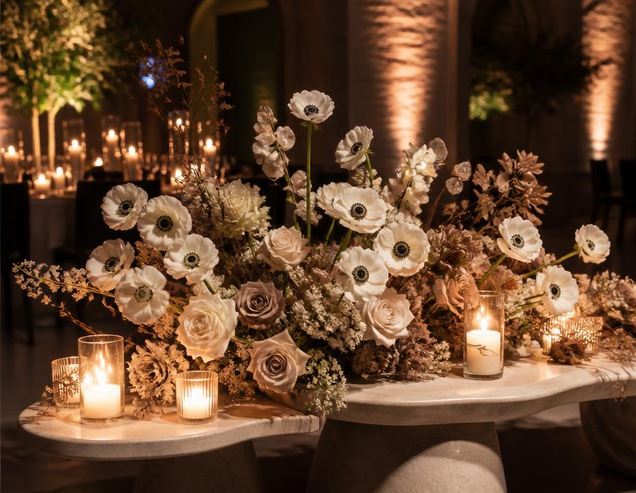 Elegant candlelit event tablescape with white anemones and roses