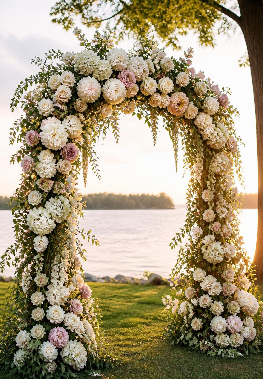 Wedding floral arch with blush and white blooms at a lakeside Ontario venue